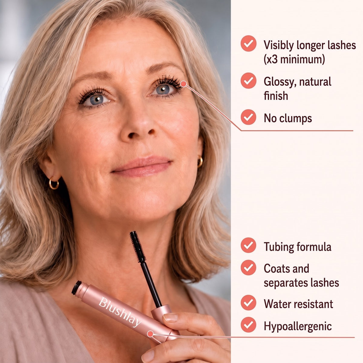 Woman with lashes enhanced by Blushlay Mascara